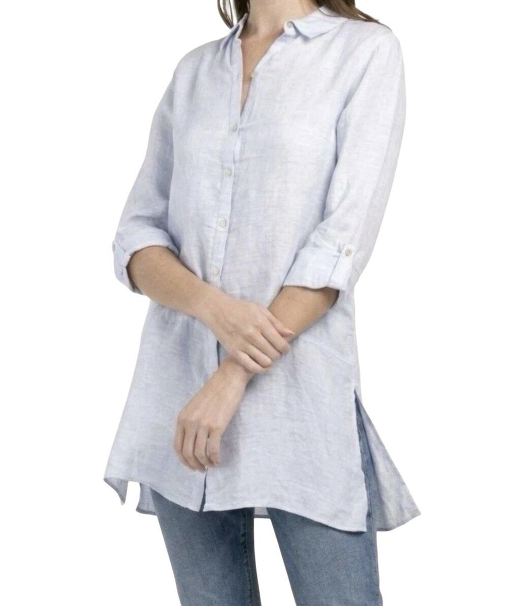 Tahari 100% Linen Notched Tunic Top SIZE LARGE Womens White Coastal Lagenlook